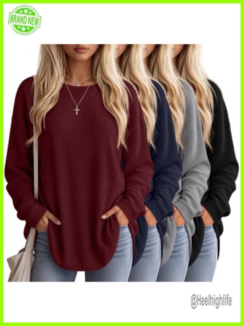 Waffle Knit Oversized Long Sleeve Crew Neck Sweatshirt Pullover 4 Pack